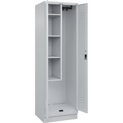 Classic PLUS locker for cleaning products, 1 compartment, centre partition, short model, light grey, W 600 mm, with base plinth, cylinder lock.