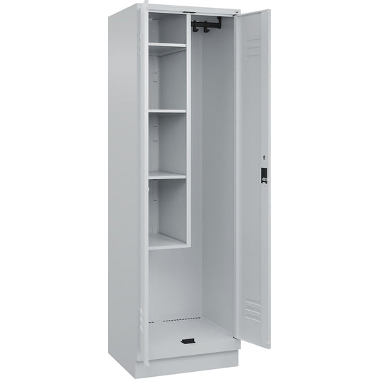Classic PLUS locker for cleaning products, 1 compartment, centre partition, short model, light grey, W 600 mm, with base plinth, cylinder lock.