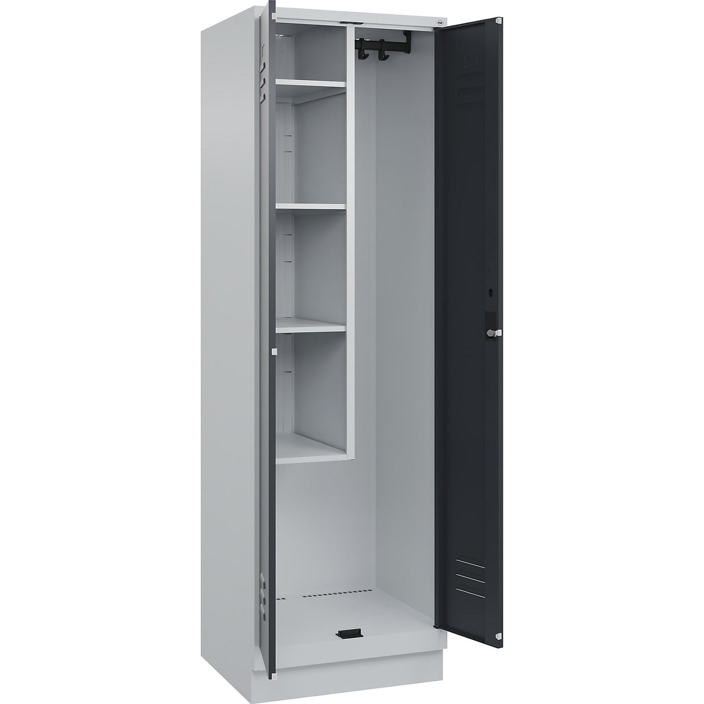 Classic PLUS locker for cleaning products, 1 compartment, centre partition, short model, light grey/grey, W 600 mm, with base plinth, cylinder lock.
