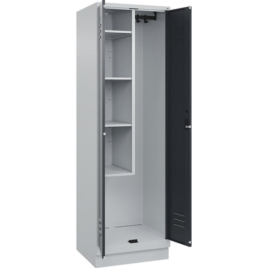Classic PLUS locker for cleaning products, 1 compartment, centre partition, short model, light grey/grey, W 600 mm, with base plinth, cylinder lock.