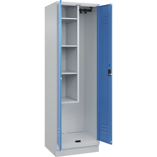 Classic PLUS locker for cleaning products, 1 compartment, centre partition, short model, light grey/light blue, W 600 mm, with base plinth, cylinder lock.