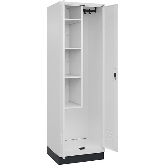 Classic PLUS locker for cleaning products, 1 compartment, centre partition, short model, traffic white, W 600 mm, with base plinth, cylinder lock.