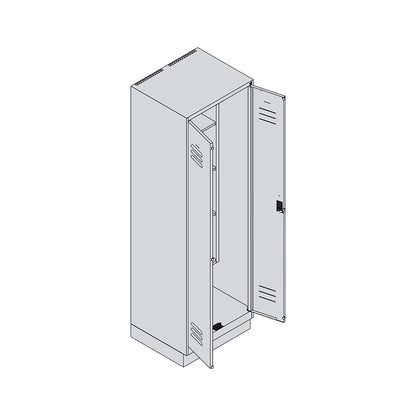 Classic PLUS locker for cleaning products, 1 compartment, centre partition, short model, light grey, W 600 mm, with base plinth, rotary bolt.