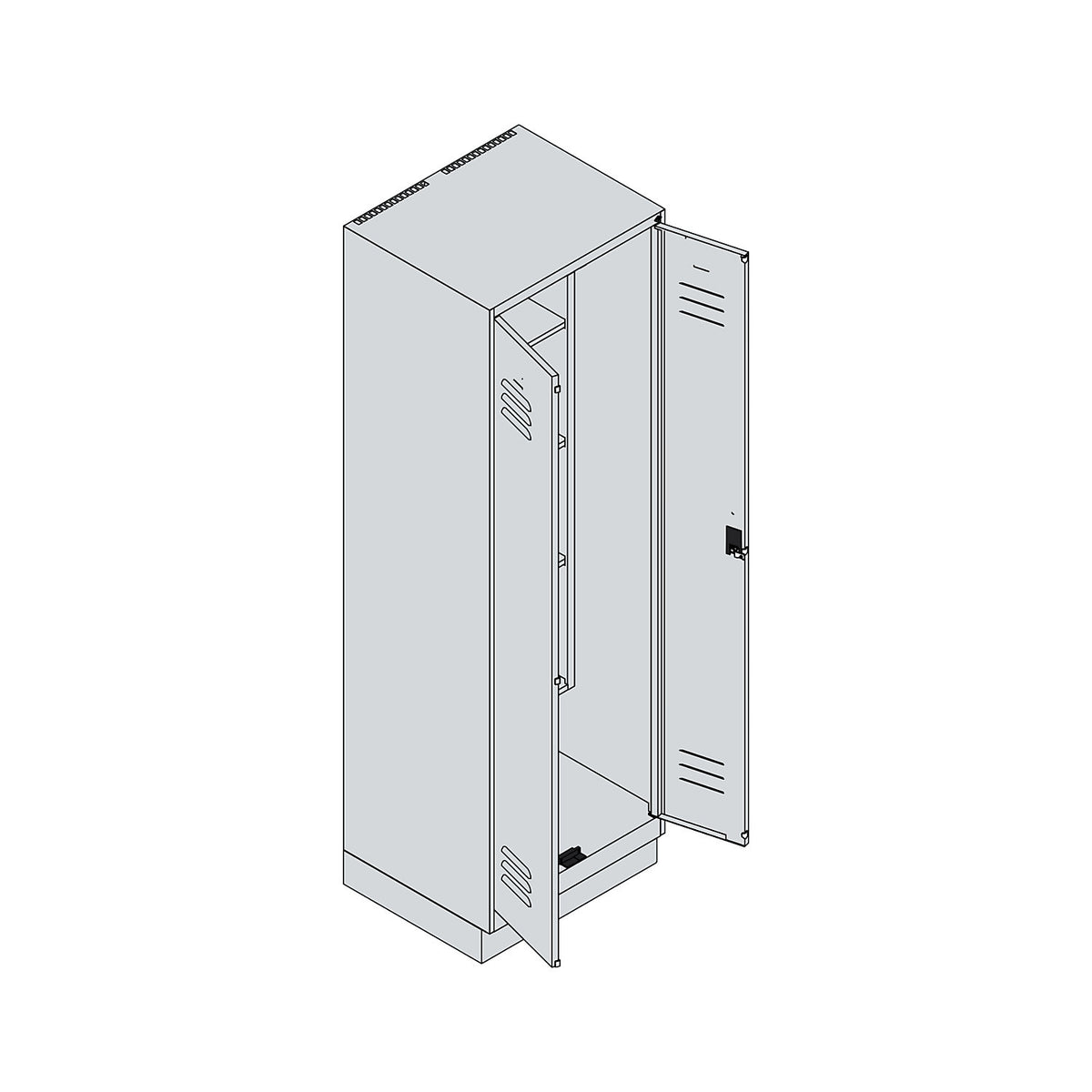 Classic PLUS locker for cleaning products, 1 compartment, centre partition, short model, grey, W 600 mm, with base plinth, rotary bolt.
