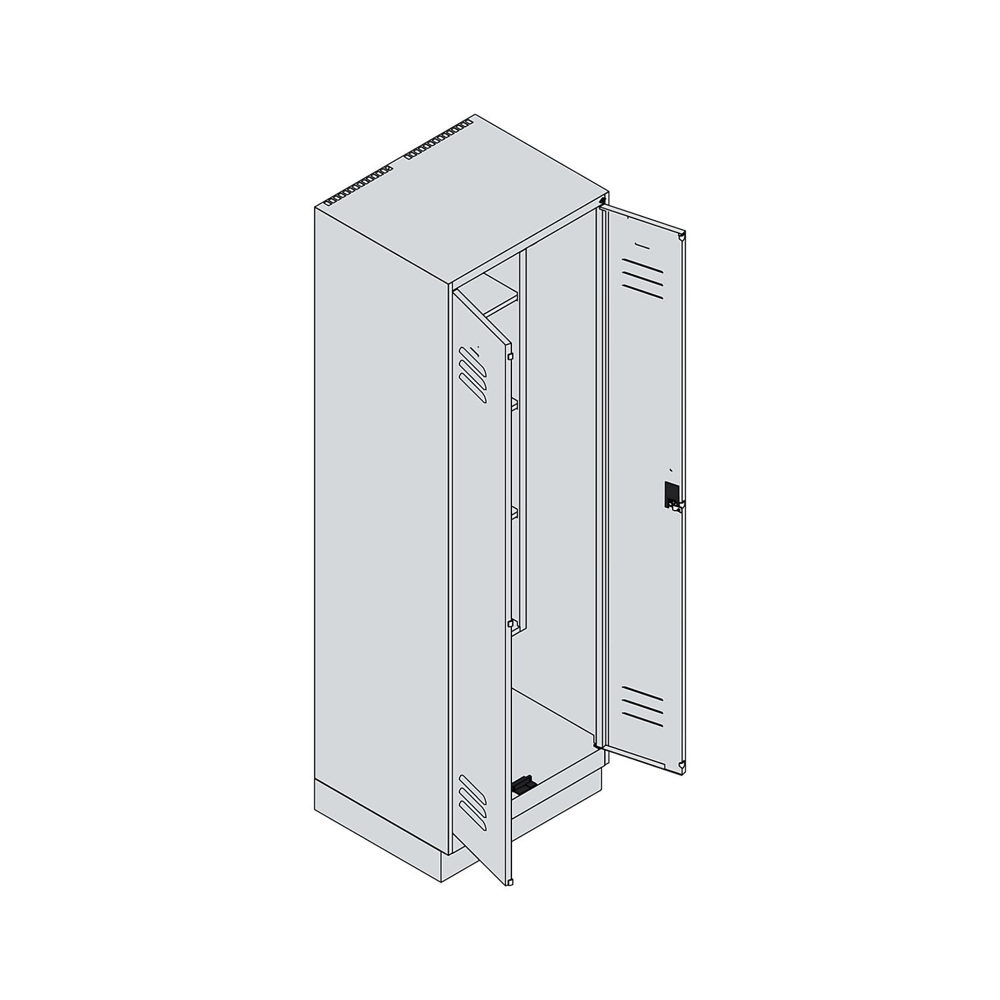 Classic PLUS locker for cleaning products, 1 compartment, centre partition, short model, grey, W 600 mm, with base plinth, rotary bolt.