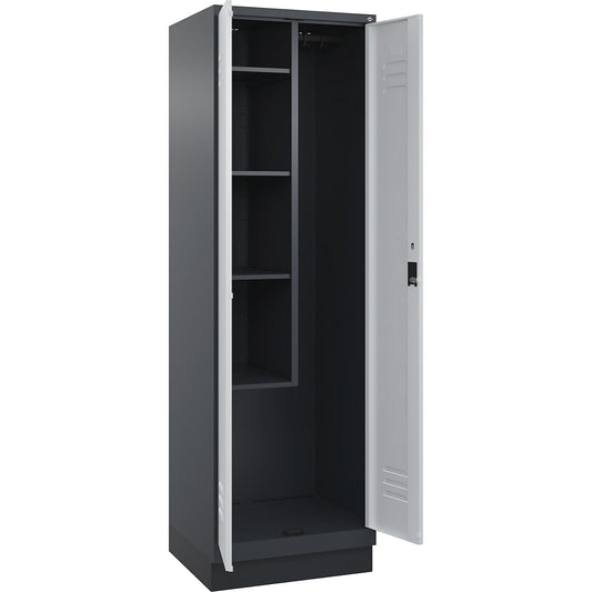 Classic PLUS locker for cleaning products, 1 compartment, centre partition, short model, grey, W 600 mm, with base plinth, cylinder lock.