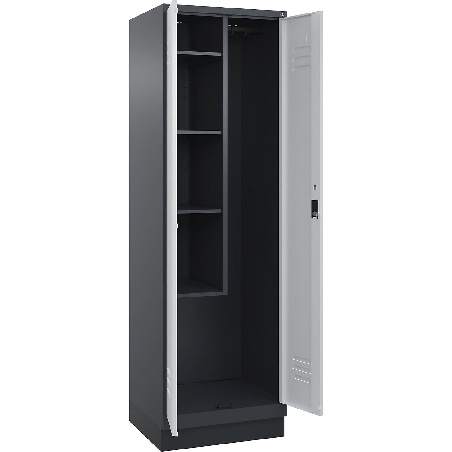 Classic PLUS locker for cleaning products, 1 compartment, centre partition, short model, grey, W 600 mm, with base plinth, cylinder lock.