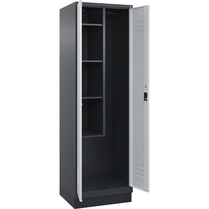 Classic PLUS locker for cleaning products, 1 compartment, centre partition, short model, grey, W 600 mm, with base plinth, cylinder lock.