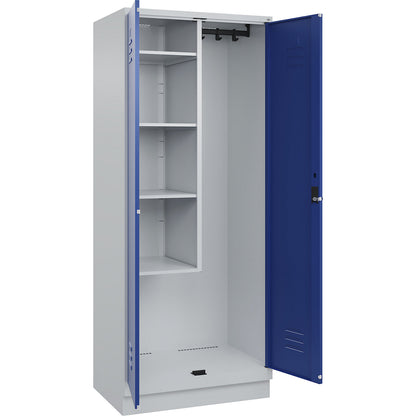 Classic PLUS locker for cleaning products, 1 compartment, centre partition, short model, light grey/gentian blue, W 800 mm, with base plinth, rotary bolt.