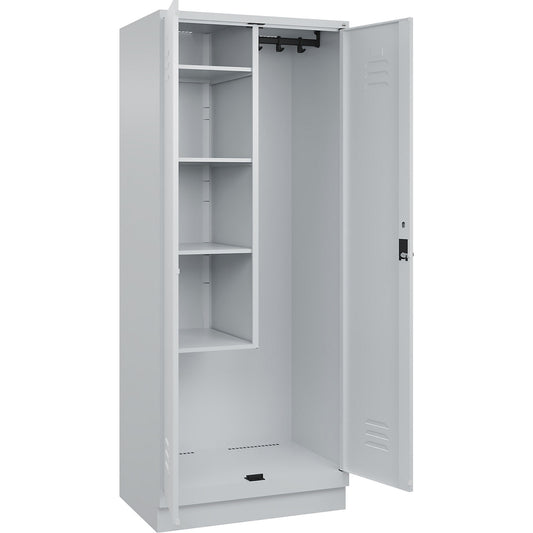 Classic PLUS locker for cleaning products, 1 compartment, centre partition, short model, light grey, W 800 mm, with base plinth, rotary bolt.