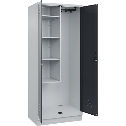 Classic PLUS locker for cleaning products, 1 compartment, centre partition, short model, light grey/grey, W 800 mm, with base plinth, rotary bolt.
