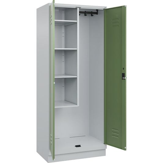 Classic PLUS locker for cleaning products, 1 compartment, centre partition, short model, light grey/reseda green, W 800 mm, with base plinth, rotary bolt.