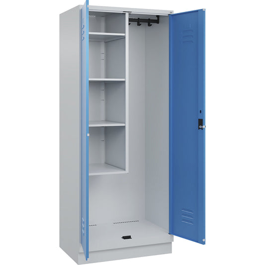 Classic PLUS locker for cleaning products, 1 compartment, centre partition, short model, light grey/light blue, W 800 mm, with base plinth, rotary bolt.