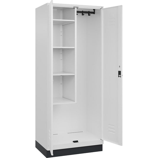 Classic PLUS locker for cleaning products, 1 compartment, centre partition, short model, traffic white, W 800 mm, with base plinth, rotary bolt.