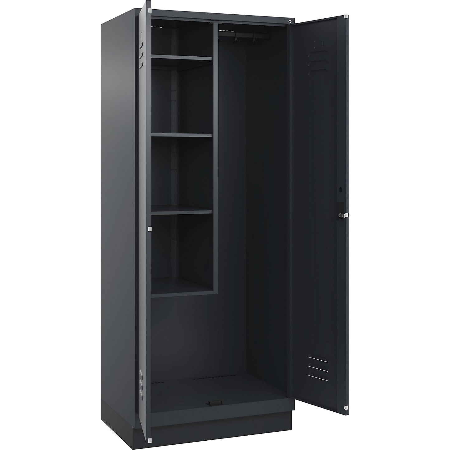 Classic PLUS locker for cleaning products, 1 compartment, centre partition, short model, grey, W 800 mm, with base plinth, rotary bolt.