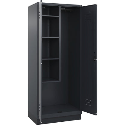 Classic PLUS locker for cleaning products, 1 compartment, centre partition, short model, grey, W 800 mm, with base plinth, rotary bolt.