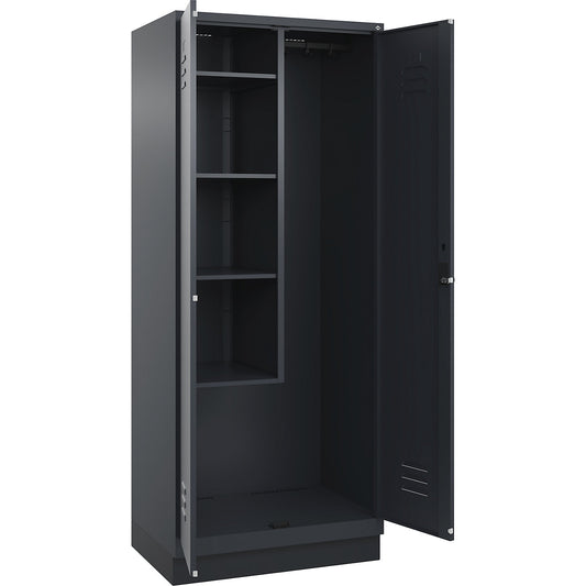 Classic PLUS locker for cleaning products, 1 compartment, centre partition, short model, grey, W 800 mm, with base plinth, rotary bolt.