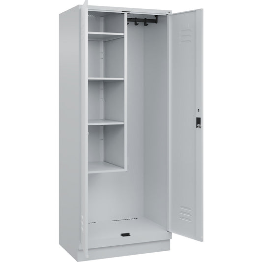 Classic PLUS locker for cleaning products, 1 compartment, centre partition, short model, light grey, W 800 mm, with base plinth, cylinder lock.