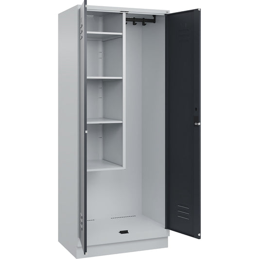 Classic PLUS locker for cleaning products, 1 compartment, centre partition, short model, light grey/grey, W 800 mm, with base plinth, cylinder lock.