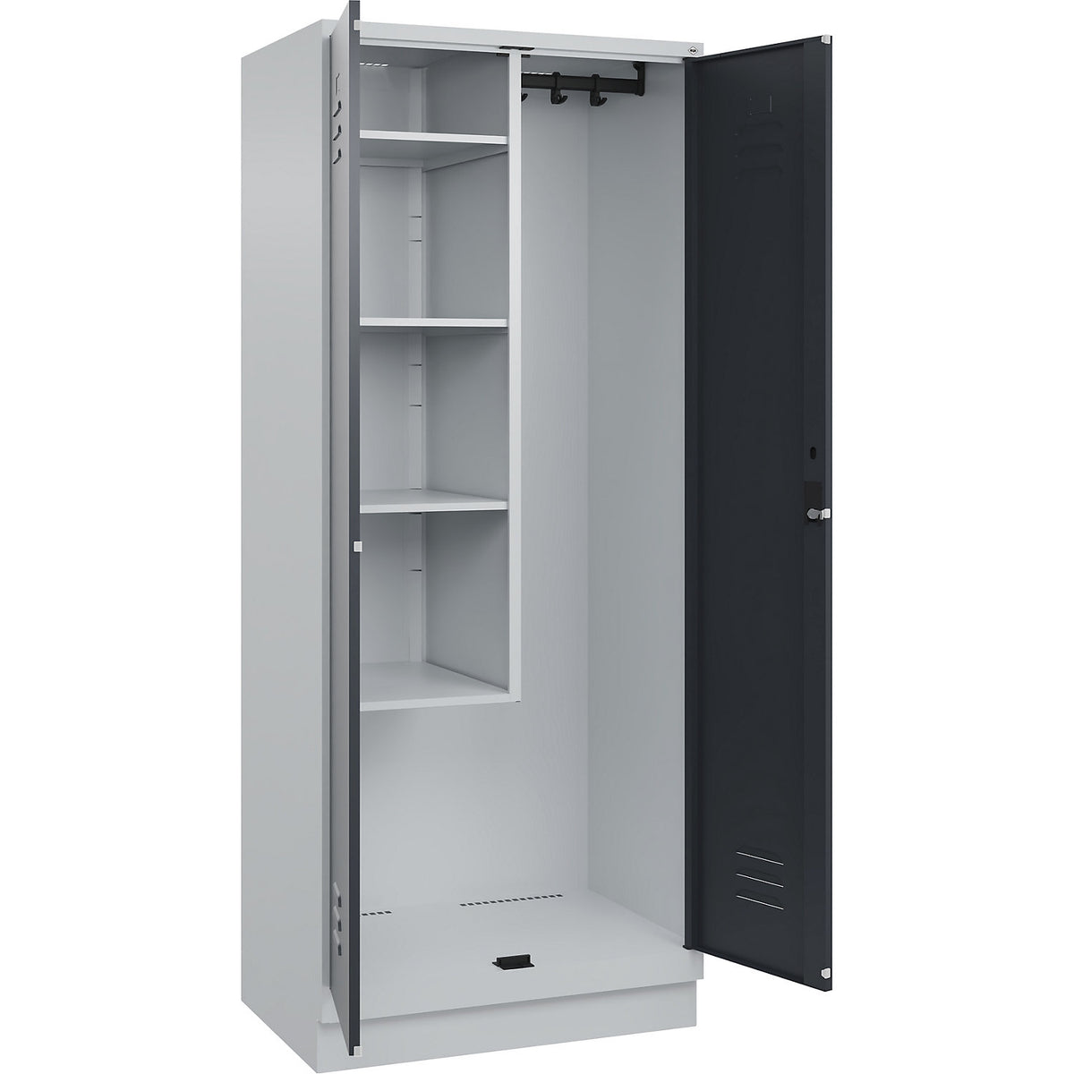Classic PLUS locker for cleaning products, 1 compartment, centre partition, short model, light grey/grey, W 800 mm, with base plinth, cylinder lock.