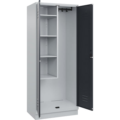 Classic PLUS locker for cleaning products, 1 compartment, centre partition, short model, light grey/grey, W 800 mm, with base plinth, cylinder lock.