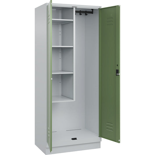Classic PLUS locker for cleaning products, 1 compartment, centre partition, short model, light grey/reseda green, W 800 mm, with base plinth, cylinder lock.
