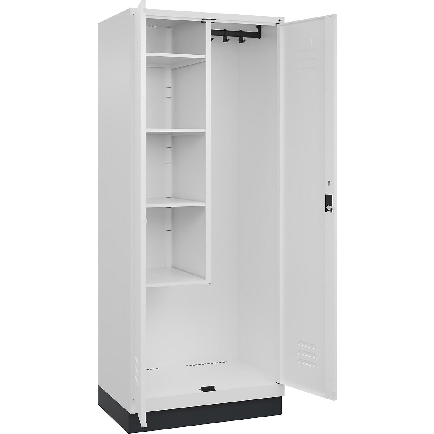 Classic PLUS locker for cleaning products, 1 compartment, centre partition, short model, traffic white, W 800 mm, with base plinth, cylinder lock.