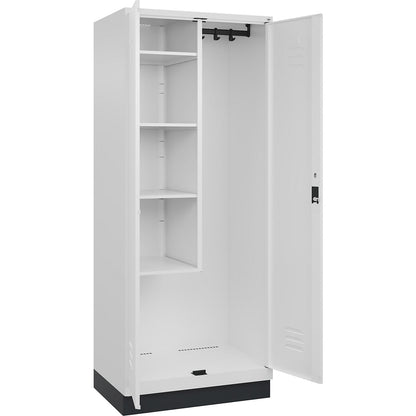 Classic PLUS locker for cleaning products, 1 compartment, centre partition, short model, traffic white, W 800 mm, with base plinth, cylinder lock.