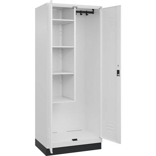 Classic PLUS locker for cleaning products, 1 compartment, centre partition, short model, traffic white, W 800 mm, with base plinth, cylinder lock.