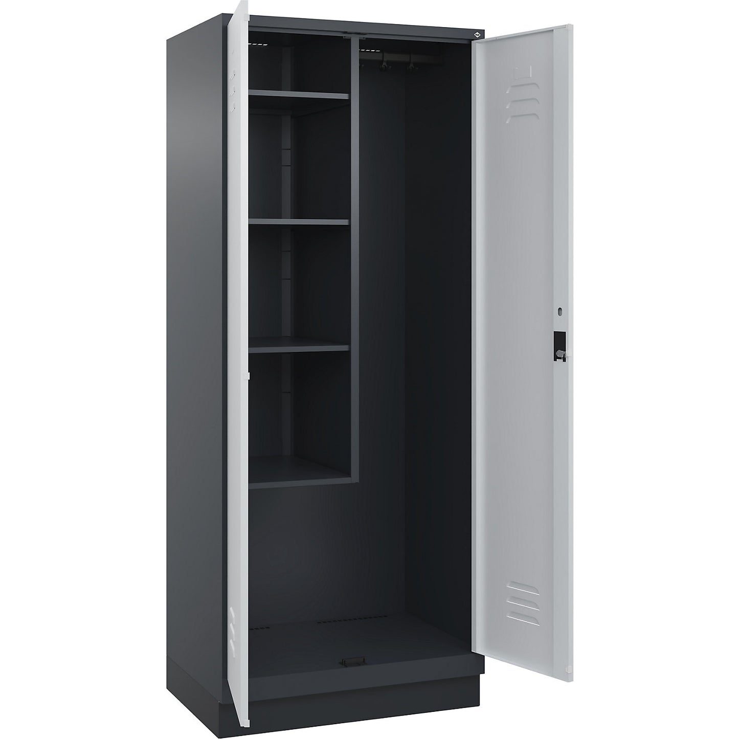 Classic PLUS locker for cleaning products, 1 compartment, centre partition, short model, grey, W 800 mm, with base plinth, cylinder lock.