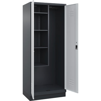 Classic PLUS locker for cleaning products, 1 compartment, centre partition, short model, grey, W 800 mm, with base plinth, cylinder lock.