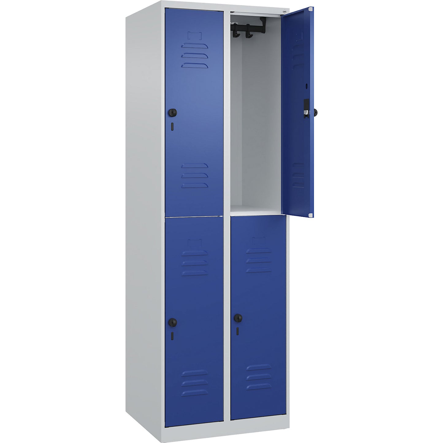 Classic PLUS double deck clothes locker, 2 compartments, light grey/gentian blue, HxW 1850 x 600 mm, with floor glides, rotary bolt.