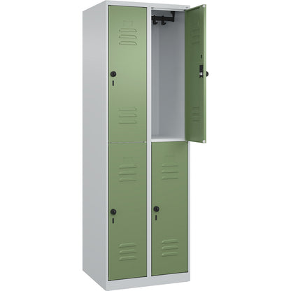 Classic PLUS double deck clothes locker, 2 compartments, light grey/reseda green, HxW 1850 x 600 mm, with floor glides, rotary bolt.