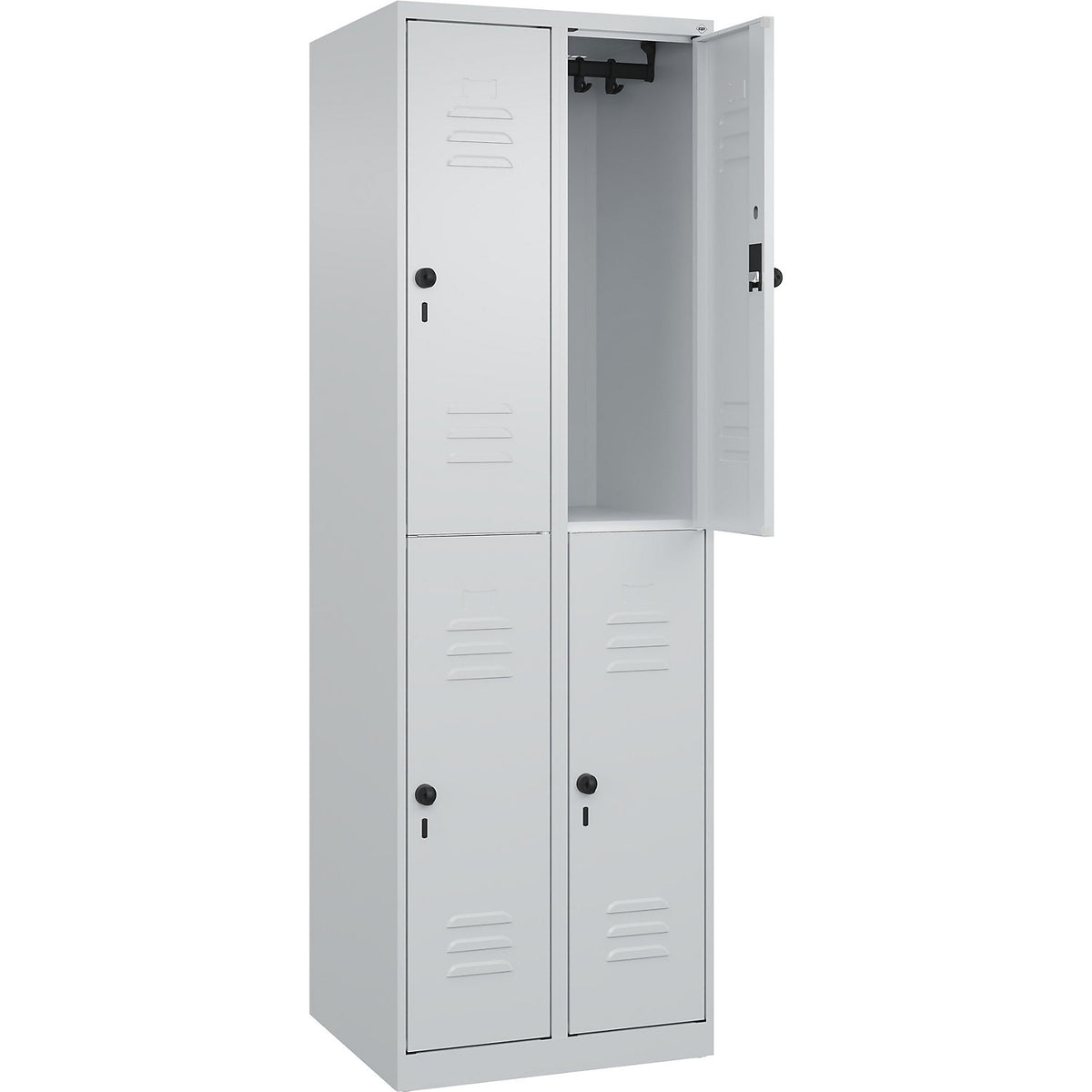 Classic PLUS double deck clothes locker, 2 compartments, light grey, HxW 1850 x 600 mm, with floor glides, rotary bolt.
