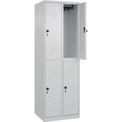 Classic PLUS double deck clothes locker, 2 compartments, light grey, HxW 1850 x 600 mm, with floor glides, rotary bolt.