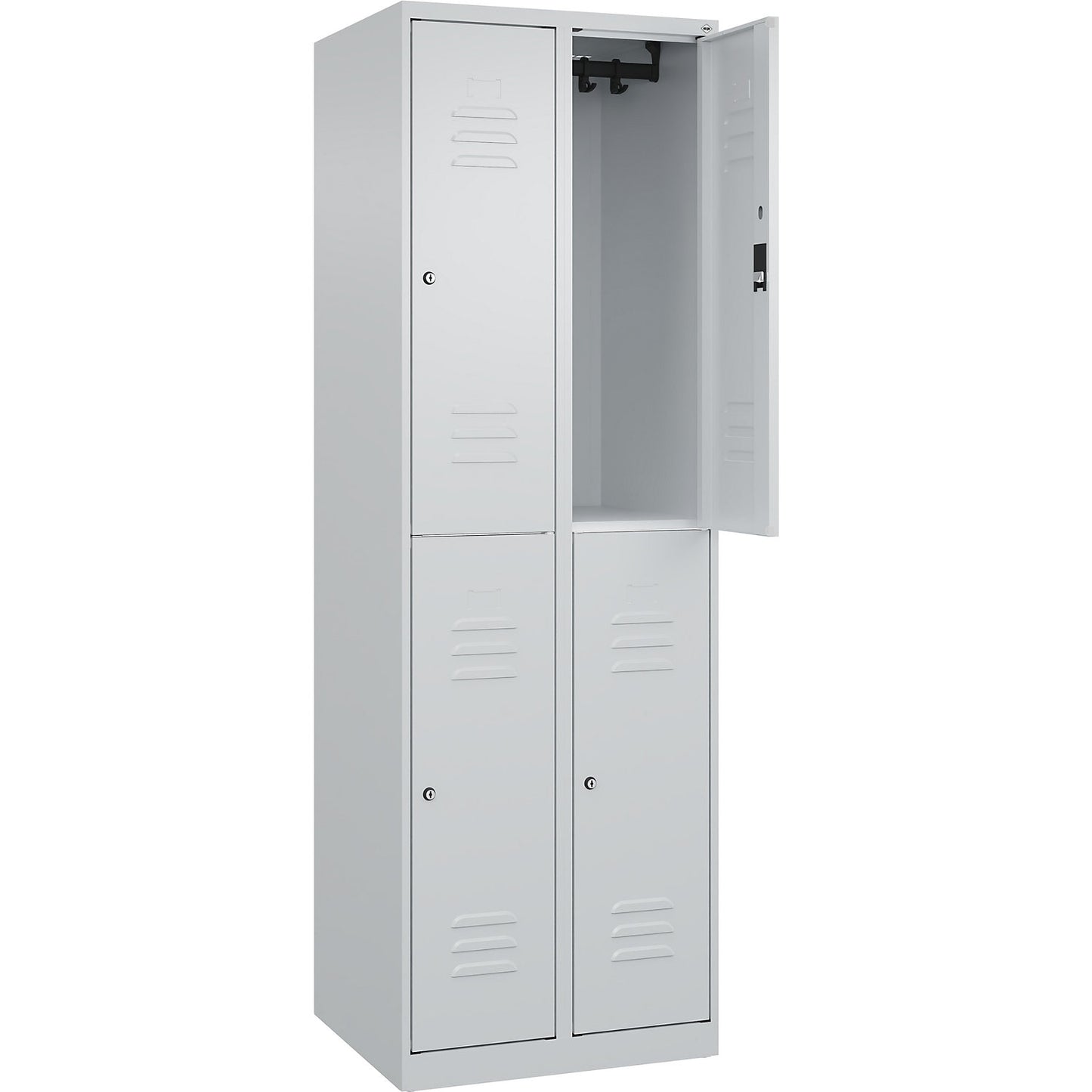 Classic PLUS double deck clothes locker, 2 compartments, light grey, HxW 1850 x 600 mm, with floor glides, cylinder lock.