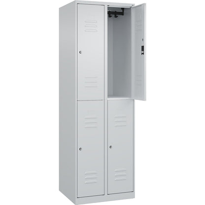 Classic PLUS double deck clothes locker, 2 compartments, light grey, HxW 1850 x 600 mm, with floor glides, cylinder lock.