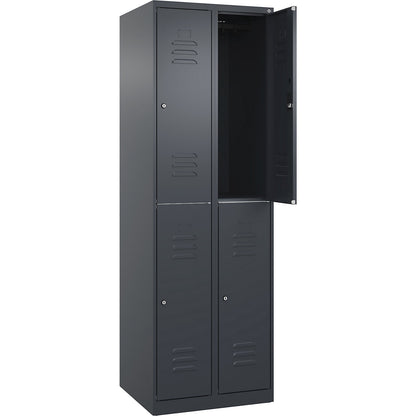 Classic PLUS double deck clothes locker, 2 compartments, grey, HxW 1850 x 600 mm, with floor glides, cylinder lock.