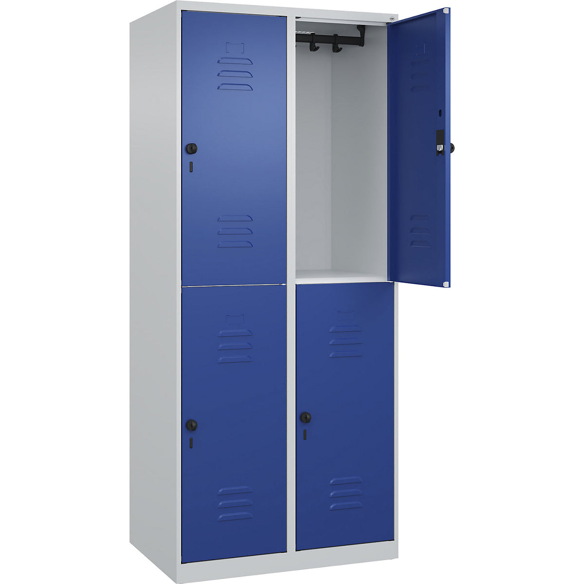 Classic PLUS double deck clothes locker, 2 compartments, light grey/gentian blue, HxW 1850 x 800 mm, with floor glides, rotary bolt.