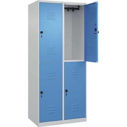 Classic PLUS double deck clothes locker, 2 compartments, light grey/light blue, HxW 1850 x 800 mm, with floor glides, rotary bolt.