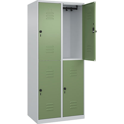 Classic PLUS double deck clothes locker, 2 compartments, light grey/reseda green, HxW 1850 x 800 mm, with floor glides, rotary bolt.