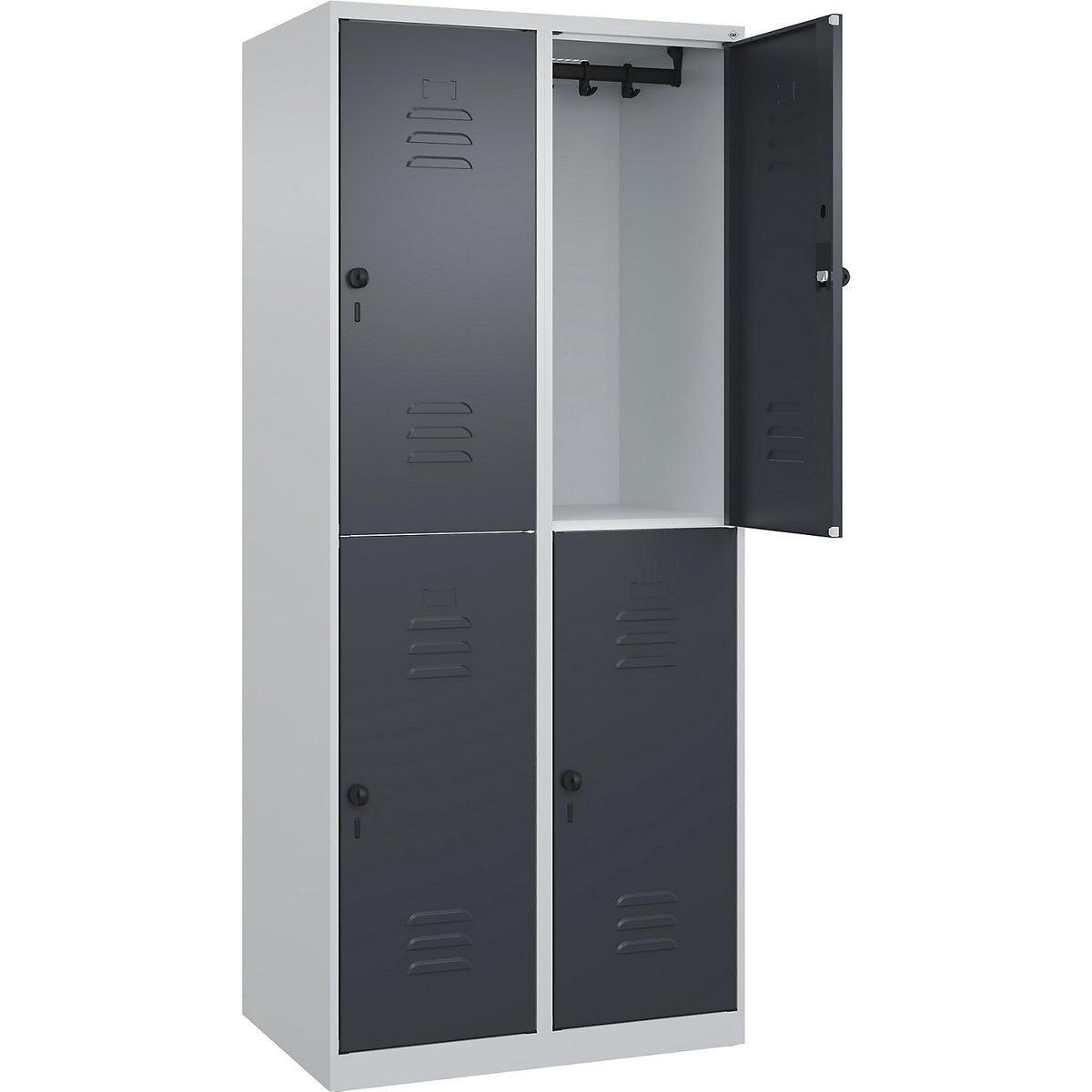 Classic PLUS double deck clothes locker, 2 compartments, light grey/grey, HxW 1850 x 800 mm, with floor glides, rotary bolt.