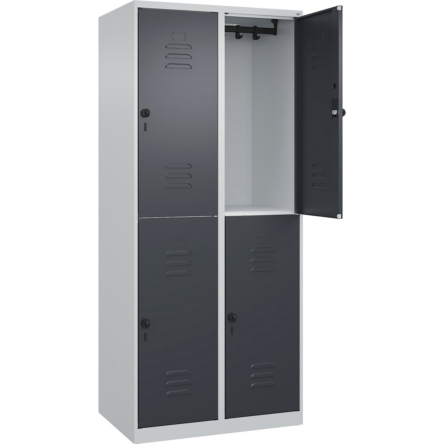 Classic PLUS double deck clothes locker, 2 compartments, light grey/grey, HxW 1850 x 800 mm, with floor glides, rotary bolt.