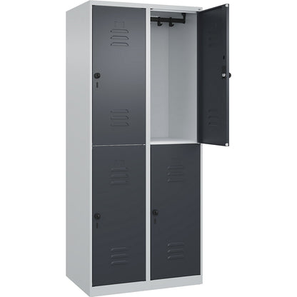 Classic PLUS double deck clothes locker, 2 compartments, light grey/grey, HxW 1850 x 800 mm, with floor glides, rotary bolt.