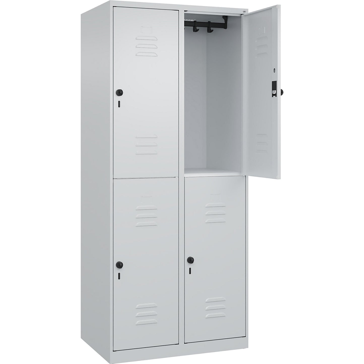 Classic PLUS double deck clothes locker, 2 compartments, light grey, HxW 1850 x 800 mm, with floor glides, rotary bolt.