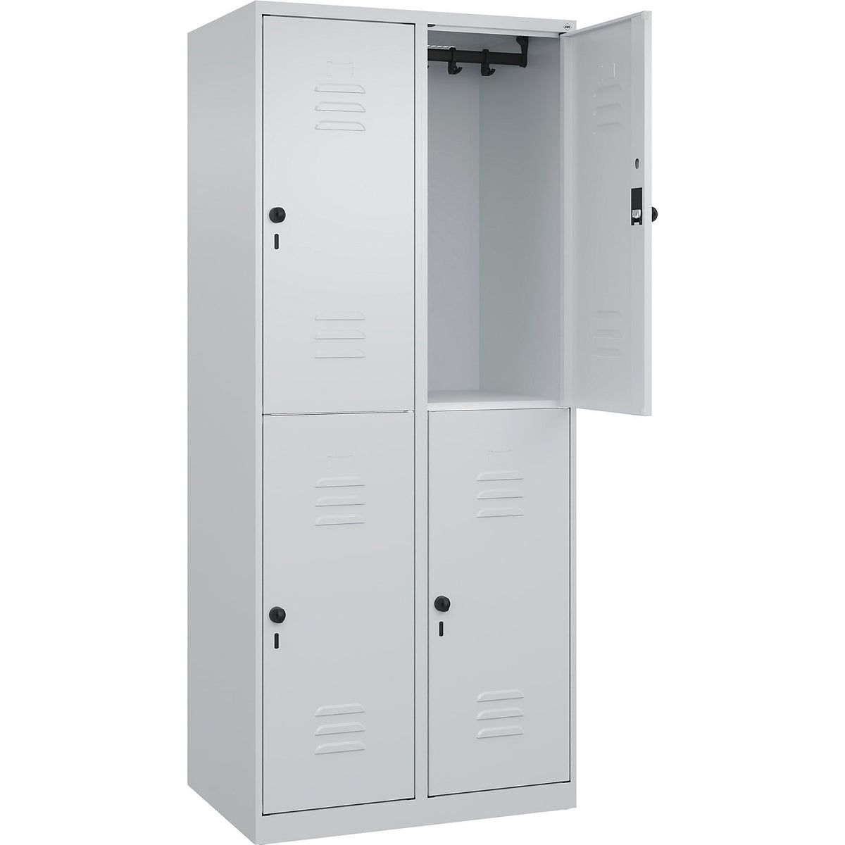 Classic PLUS double deck clothes locker, 2 compartments, light grey, HxW 1850 x 800 mm, with floor glides, rotary bolt.