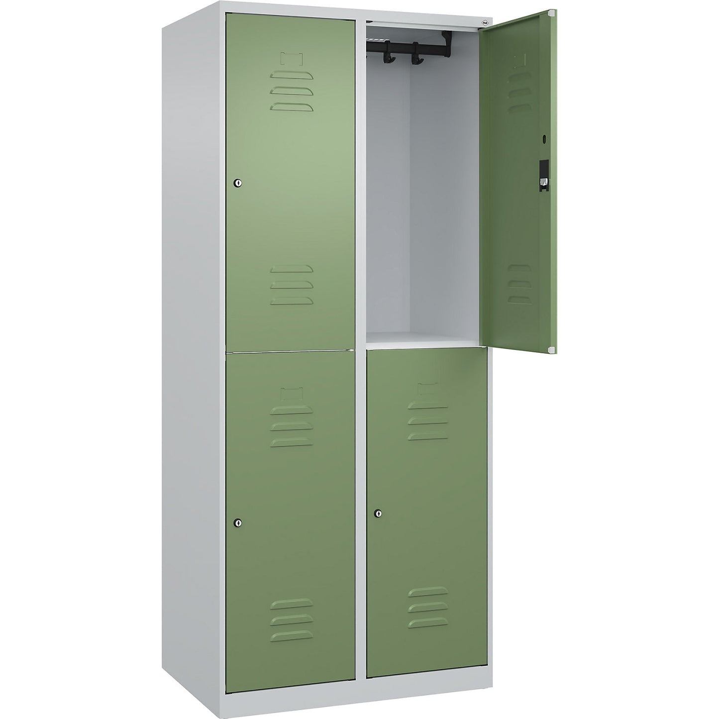 Classic PLUS double deck clothes locker, 2 compartments, light grey/reseda green, HxW 1850 x 800 mm, with floor glides, cylinder lock.