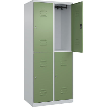 Classic PLUS double deck clothes locker, 2 compartments, light grey/reseda green, HxW 1850 x 800 mm, with floor glides, cylinder lock.