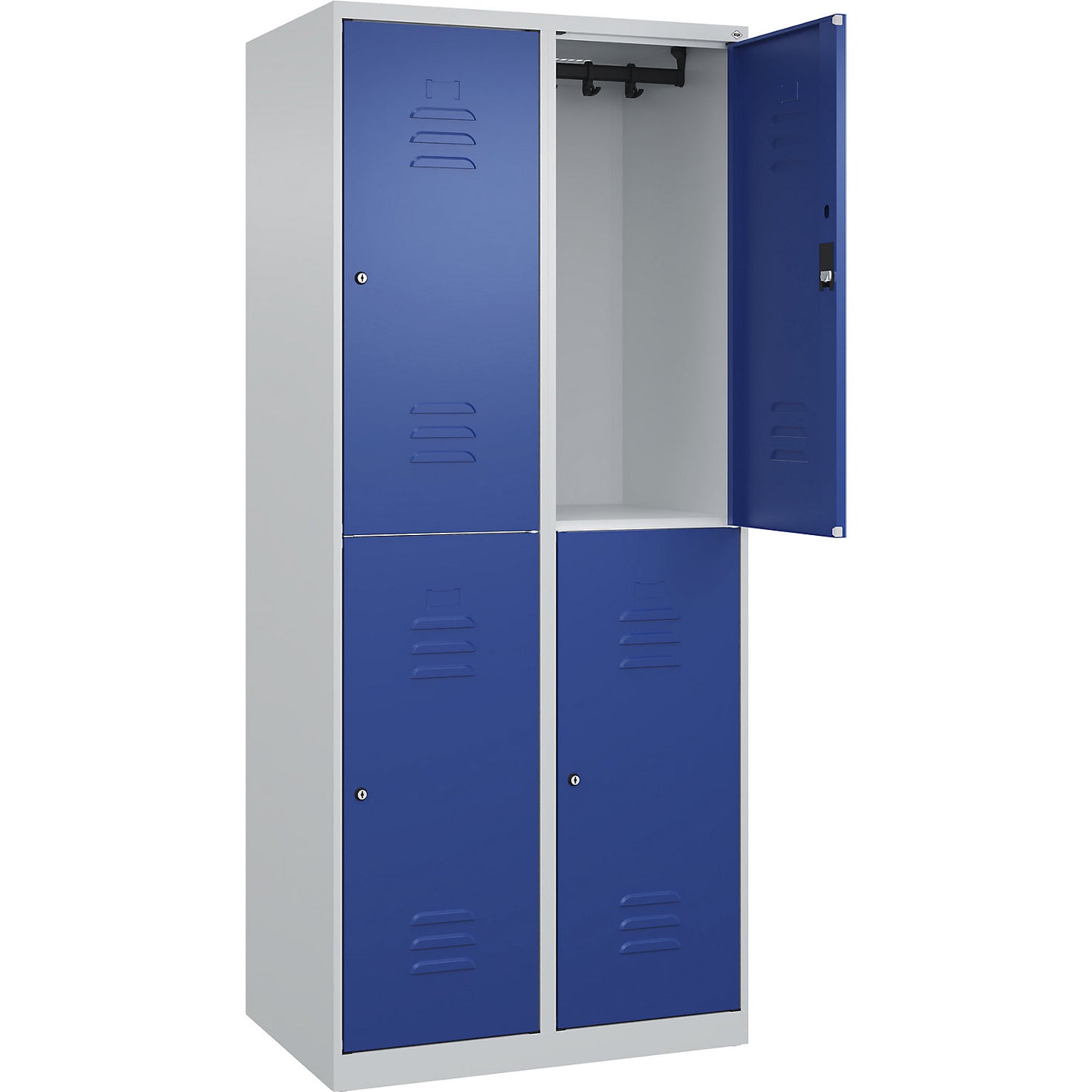 Classic PLUS double deck clothes locker, 2 compartments, light grey/gentian blue, HxW 1850 x 800 mm, with floor glides, cylinder lock.