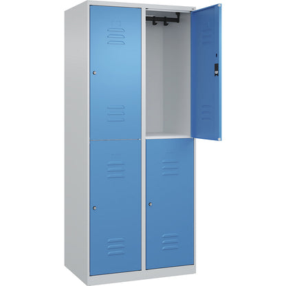 Classic PLUS double deck clothes locker, 2 compartments, light grey/light blue, HxW 1850 x 800 mm, with floor glides, cylinder lock.